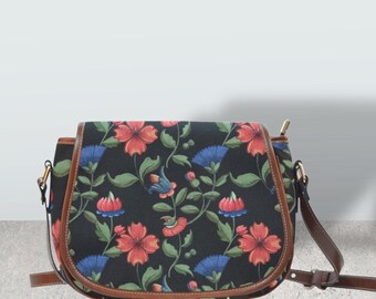 Cottagecore Dark Floral Witchy Vegan lederen zadel tas, Heks mystieke bloemen gekruiste lichaam portemonnee vrouwen, heks goth tas, hippies boho cadeau