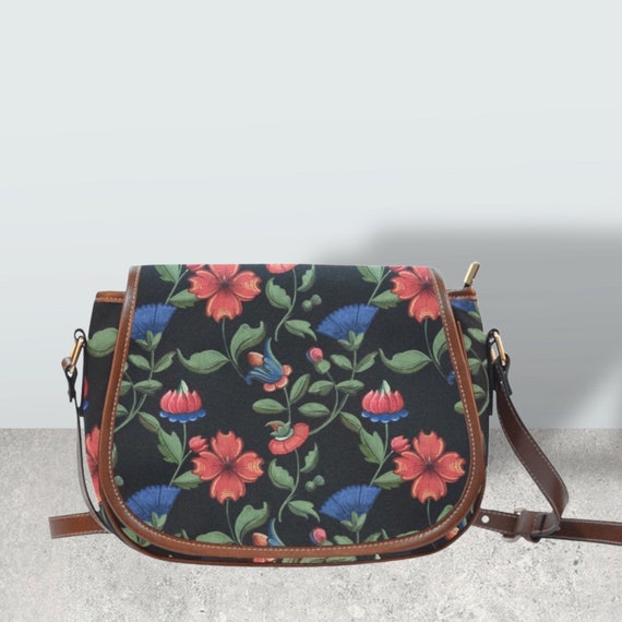 Cottagecore Dark Floral Witchy Vegan leather saddle bag, Witchy mystical floral crossed body purse women, witch goth bag, hippies boho gift