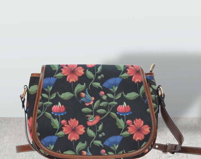 Cottagecore Dark Floral Witchy Vegan leather saddle bag, Witchy mystical floral crossed body purse women, witch goth bag, hippies boho gift