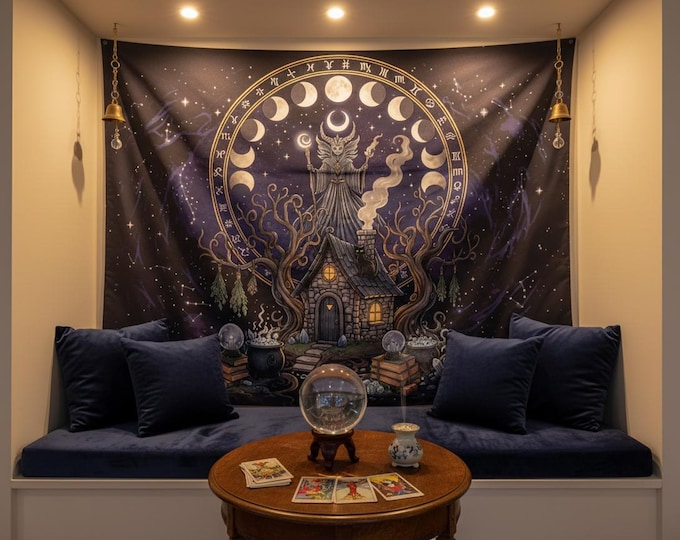 Witch Moon Phases Tapestry, AStrology Tapestry, Tarot Celestial Wall Tapestry, Boho Hippies Gift, Cottagecore Witch Tapestry