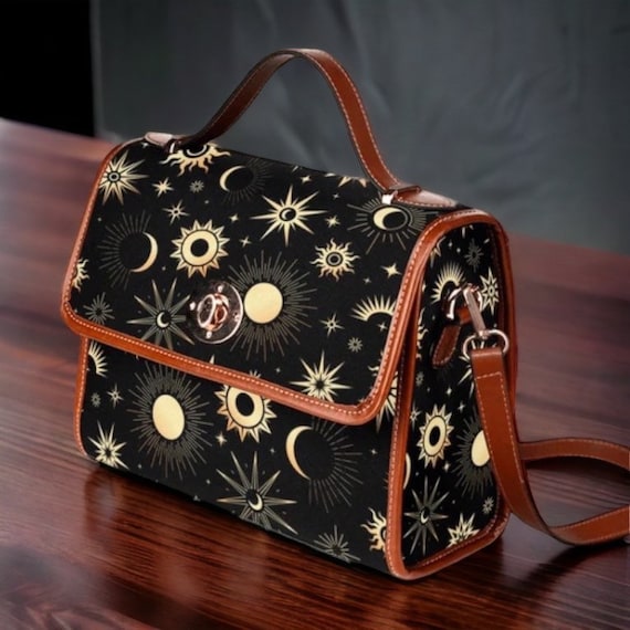 Cottagecore Astrology Canvas Satchel bag, Cute Witch Sun Moon stars crossed body vegan leather strap hand bag, goth bag, hippies boho gift