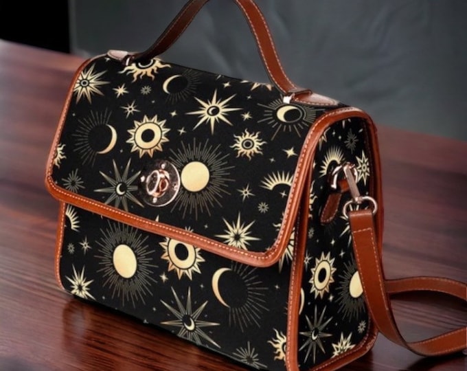 Cottagecore Astrology Canvas Satchel bag, Cute Witch Sun Moon stars crossed body vegan leather strap hand bag, goth bag, hippies boho gift