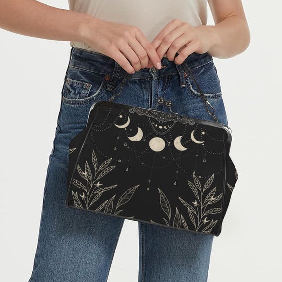 Cottagecore Moon Phases Kisslock Bag - Vegan Leather Witchy Kisslock Purse, Witchy Crossed body Mushroom purse, goth bag, hippies boho gift