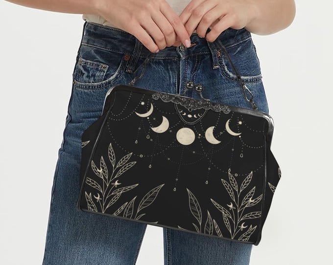 Cottagecore Moon Phases Kisslock Bag - Vegan Leather Witchy Kisslock Purse, Witchy Crossed body Mushroom purse, goth bag, hippies boho gift