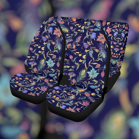 Peacock Floral Blue Boho Car Seat Cover For Women, Cottagecore Cute Boho Floral Front Bucket Seat Cover For Car Vehicle, Nature seat cover