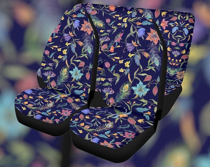 Peacock Floral Blue Boho Car Seat Cover For Women, Cottagecore Cute Boho Floral Front Bucket Seat Cover For Car Vehicle, Nature seat cover