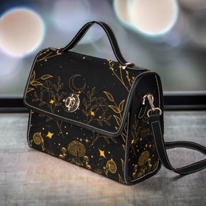 Halbmond Rose Blumen Umhängetasche, Hexe Canvas Umhängetasche, süße Damen Schultertasche Handtasche Boho Geschenk Cottagecore Pilztasche