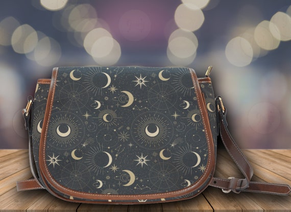 Mystical Moon Gray Witchy Vegan leather saddle bag, Witchy astrological crossed body purse women, witch goth bag, hippies boho gift