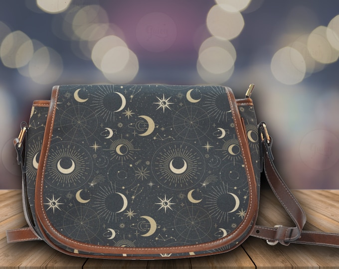 Mystical Moon Gray Witchy Vegan leather saddle bag, Witchy astrological crossed body purse women, witch goth bag, hippies boho gift
