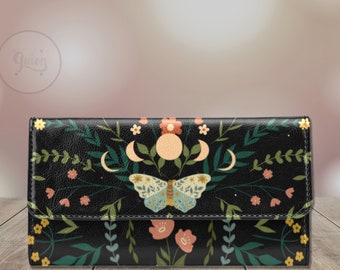 Cottagecore Floral Moon Phases Trifold wallet, Nature Purse Vegan PU Leather wallet, kawaii witch Boho women Wallet, cute Long wallet purse