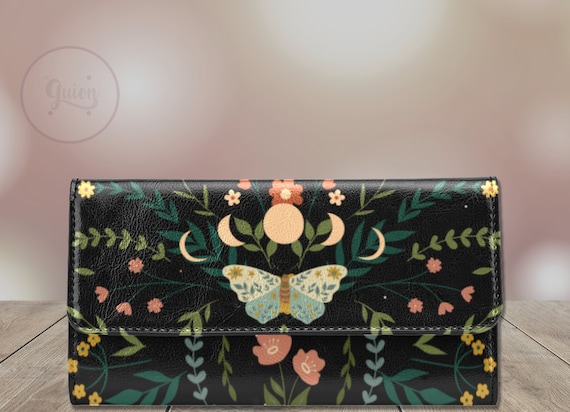 Cottagecore Floral Moon Phases Trifold wallet, Nature Purse Vegan PU Leather wallet, kawaii witch Boho women Wallet, cute Long wallet purse