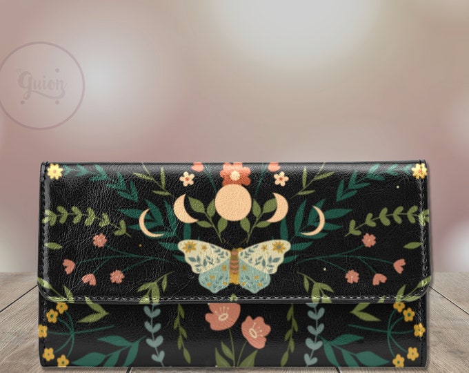 Cottagecore Floral Moon Phases Trifold wallet, Nature Purse Vegan PU Leather wallet, kawaii witch Boho women Wallet, cute Long wallet purse