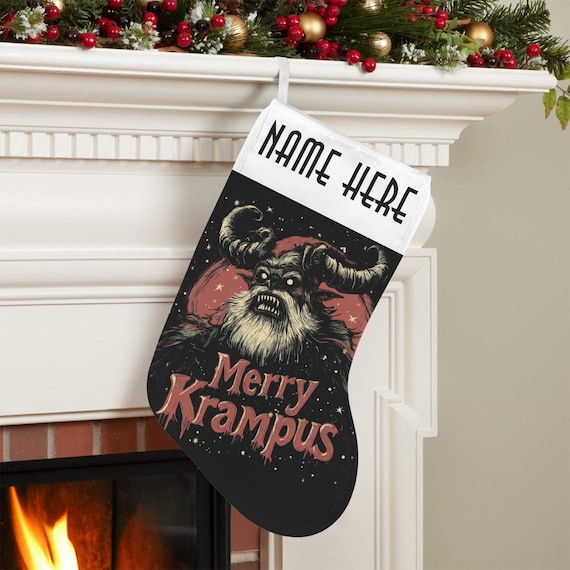 Merry Krampus Yule Christmas Stocking, Krampus children hunter Christmas Demon decor, personalized stocking decor, custom name stocking gift