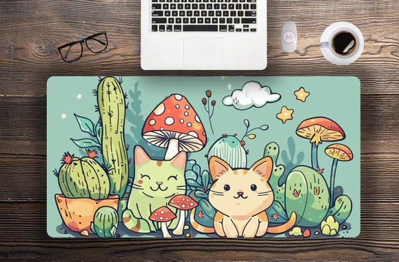 Kawaii cute cats anime large desk mat, cottagecore mushroom extended mouse pad, xxl large plant lover gaming mousepad, green cactus mosuepad