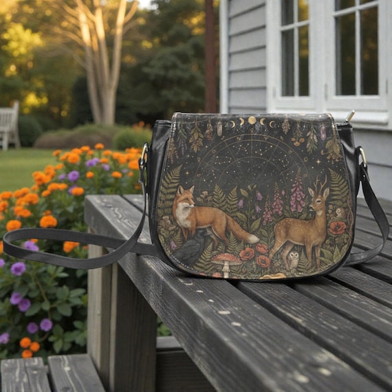Woodland Animals under Moon Phase crossbody saddle bag, Witchy Cottagecore Vegan leather shoulder bag, Astrology saddle purse handbag gift