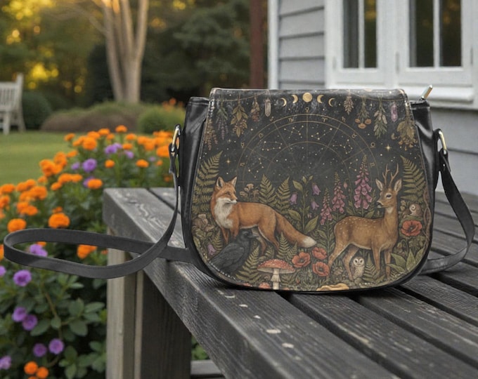 Woodland Animals under Moon Phase crossbody saddle bag, Witchy Cottagecore Vegan leather shoulder bag, Astrology saddle purse handbag gift