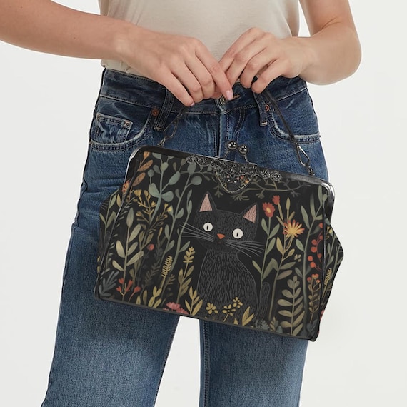 Cute Black Cat Kisslock Bag - Vegan Leather Witchy Kisslock Purse, Witchy Crossed body Mushroom purse, animal goth bag, hippies boho gift