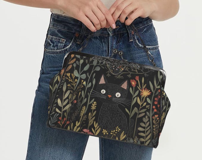 Cute Black Cat Kisslock Bag - Vegan Leather Witchy Kisslock Purse, Witchy Crossed body Mushroom purse, animal goth bag, hippies boho gift