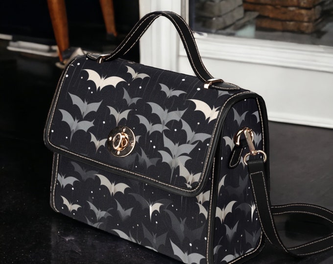 Goth Bats Cottagecore Canvas Satchel bag, cottagecore witch halloween women purse, vegan leather strap hand bag boho bag, hippies boho gift