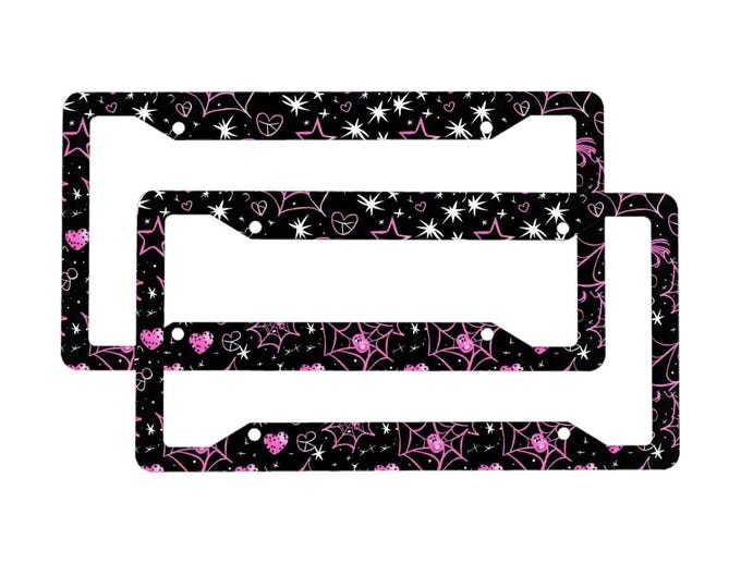 Pastel Goth License Plate Frame, Pink Spider Web Car Accessories, Creepy Cute Hearts and Stars Auto Decor, Kawaii Halloween Car Gift