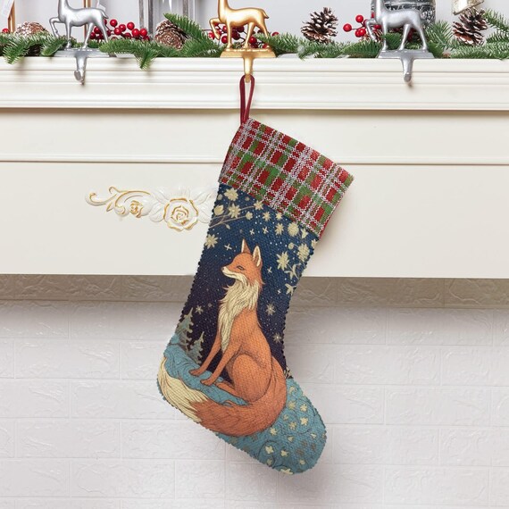 Boho Celestial Fox Sequin Stocking, Stuffing Gifts, Fireplace hang decor, Christmas gift decor, Fox Holliday stuffer, Boho Witch Christmas