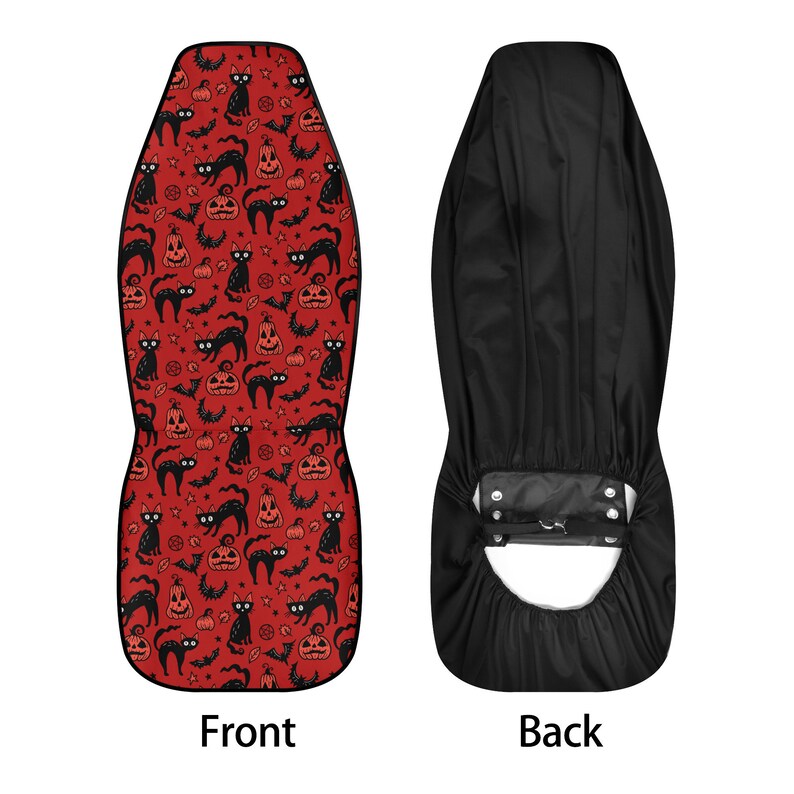 May include: A red and black Halloween-themed car seat cover with a pattern of black cats, pumpkins, and bats. The back of the cover is black.