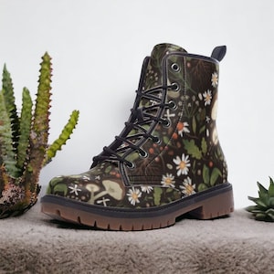 Mushroom Floral Boho Boots Lightweight , Cottagecore Cute Green Floral Unisex Combat Boots, Nature print boots , boho hippies gift