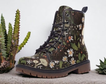 Mushroom Floral Boho Boots Lightweight , Cottagecore Cute Green Floral Unisex Combat Boots, Nature print boots , boho hippies gift