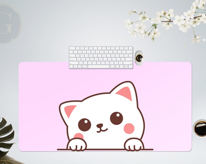 Cute Cat Kitten Kawaii Pink Mouse Pad Large, Desk Mat Cute, Desk Mat Extra LArge, Cute Mouse Pad Kawaii, Gift for Kids Play Mat