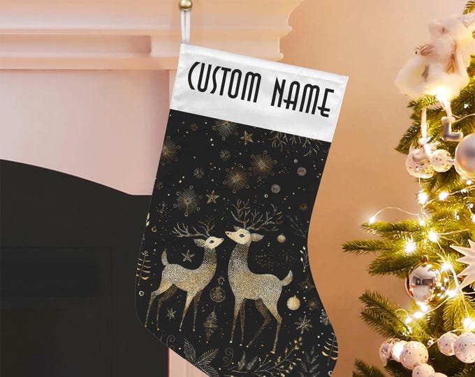 Custom Christmas Stocking, Deers in A Starry Forest Custom Stuffer, Cottagecore Celestial Christmas Stocking, dark academia witchy gift