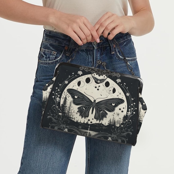 Witchy Moth Moon Kisslock Bag - Vegan Leather Dark academia Kisslock Purse, Witchy Crossed body Mushroom purse, goth bag, hippies boho gift