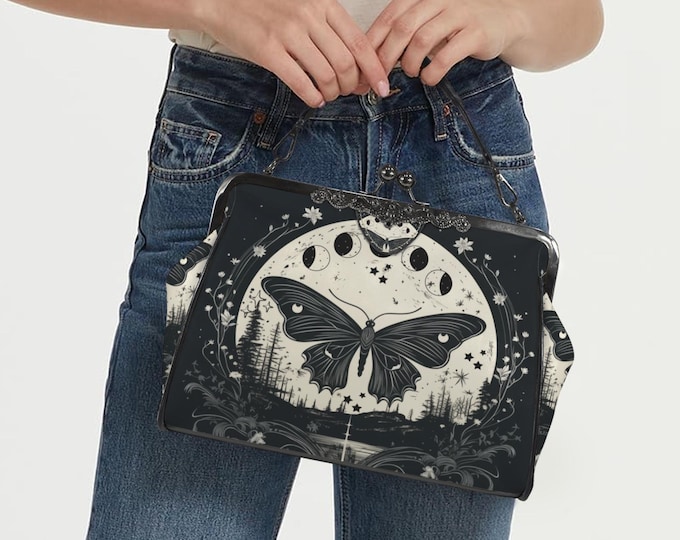 Witchy Moth Moon Kisslock Bag - Vegan Leather Dark academia Kisslock Purse, Witchy Crossed body Mushroom purse, goth bag, hippies boho gift