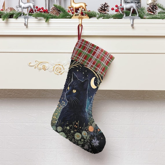 Black Cat Moon Sequin Stocking, Dark Santa Gift stuffer, Fireplace Nature Animal Christmas gift decor, Holliday stuffer, Black Christmas Cat