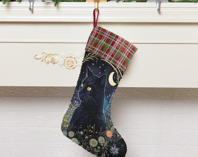 Black Cat Moon Sequin Stocking, Dark Santa Gift stuffer, Fireplace Nature Animal Christmas gift decor, Holliday stuffer, Black Christmas Cat