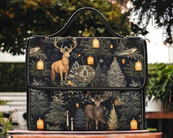 Cottagecore Animal Forest Satchel bag,  boho Christmas foresty purse, Vegan leather strap boho handbag, crossbody witchy boho hippies bag