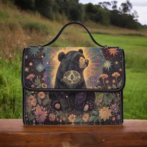 Sac cartable en toile bohème ours rétro, sac à main à bandoulière en fibre de bois Cottagecore, joli sac gothique à bandoulière en cuir végétalien, cadeau boho floral hippies