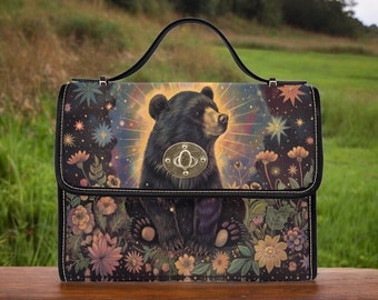 Retro Bear Boho Canvas Satchel bag, Cottagecore forestcore crossbody purse, cute vegan leather strap goth bag, floral hippies boho gift