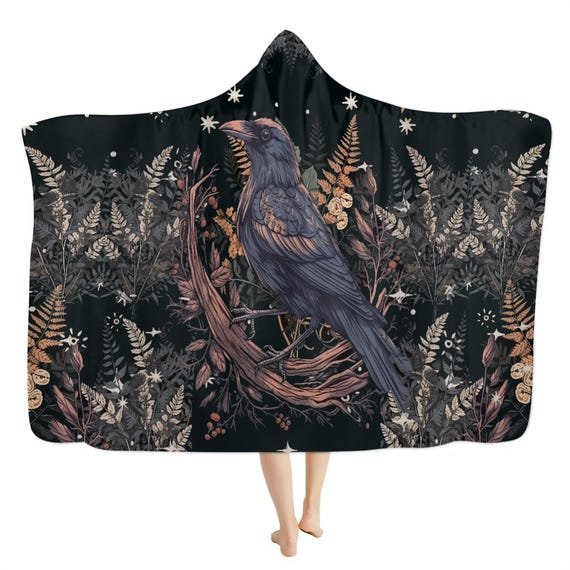 Cottagecore Fern Raven hooded blanket, Black Witchy lounging cozy blanket throw, Dark Academia Witchy hooded cloak Cape Blanket hippies gift