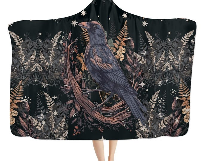 Cottagecore Fern Raven hooded blanket, Black Witchy lounging cozy blanket throw, Dark Academia Witchy hooded cloak Cape Blanket hippies gift