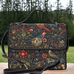 Cottagecore green witchy bird crossbody hand bag, botanical Forestcore Dark academia Vegan leather trim handbag purse bird lover satchel bag