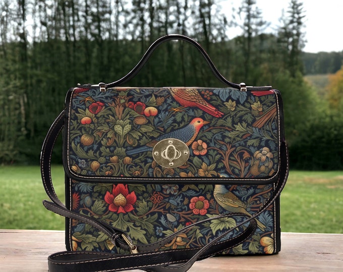Cottagecore green witchy bird crossbody hand bag, botanical Forestcore Dark academia Vegan leather trim handbag purse bird lover satchel bag