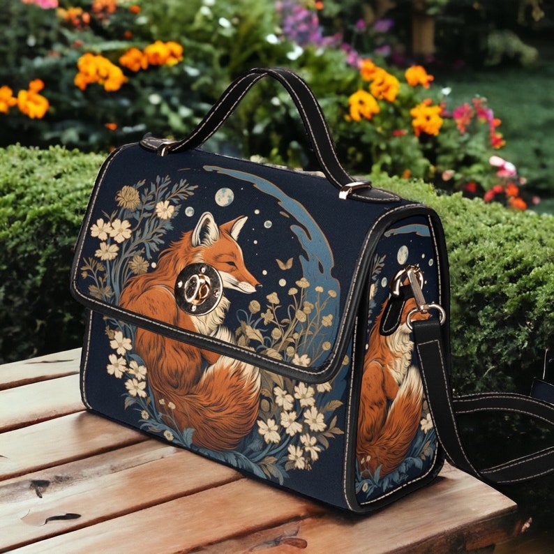 Retro Fox in the Forest Canvas Satchel bag, Cottagecore forestcore crossbody purse, cute vegan leather strap goth bag, hippies boho gift image 5