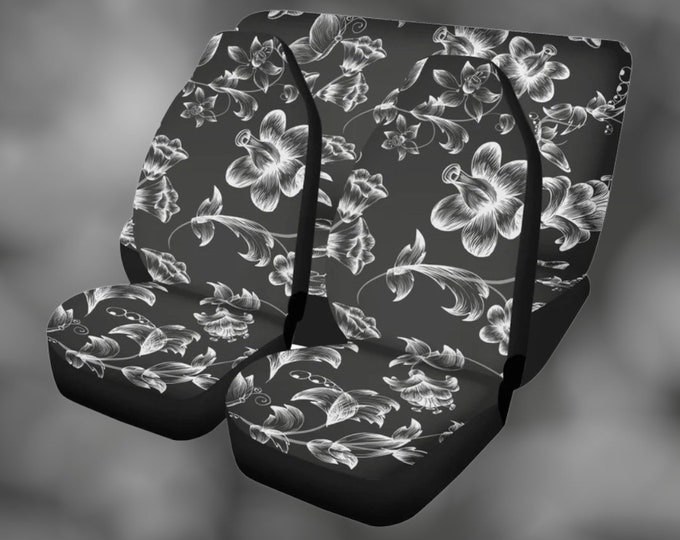 Hibiscus Flower Black and White Car Seat Cover for Women Full Set, Cottagecore Flower Car Seat Covers for Vehicle, Car Driver Gift for Her