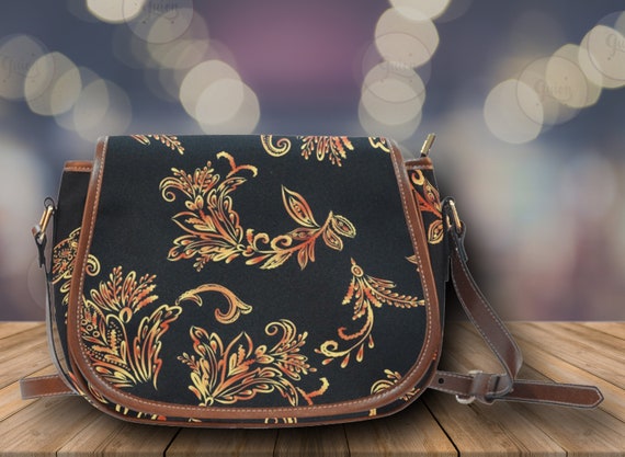 Black Victorian Style Flower Vegan leather saddle bag, Women shoulder bag, crossed body purse women, black Victorian bag, hippies boho gift