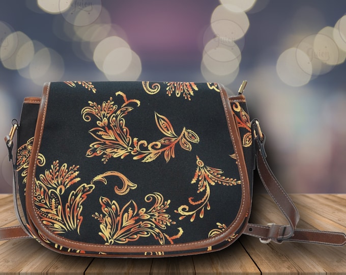 Black Victorian Style Flower Vegan leather saddle bag, Women shoulder bag, crossed body purse women, black Victorian bag, hippies boho gift