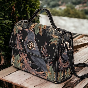Sac forêt fougère corneille sorcière, sac à main bandoulière Cottagecore foncé, sac à main bandoulière sorcellerie, cadeau de sac à bandoulière en cuir végétalien sorcière