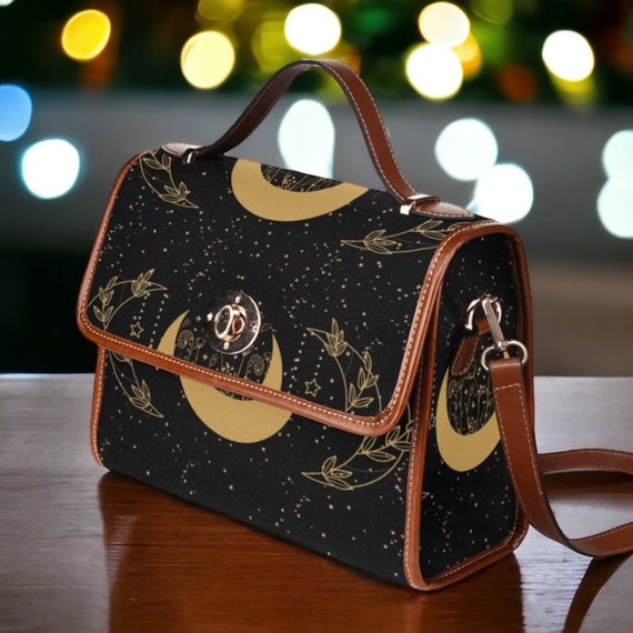 Dark Floral Triple Moon Canvas Satchel Bag, Women Mystical witch crossed body purse, vegan leather strap hand bag goth bag, hippies boho bag