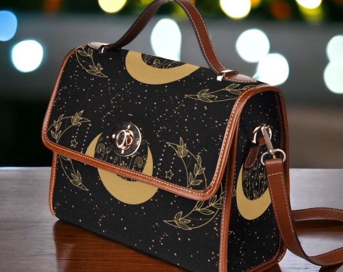 Dark Floral Triple Moon Canvas Satchel Bag, Women Mystical witch crossed body purse, vegan leather strap hand bag goth bag, hippies boho bag