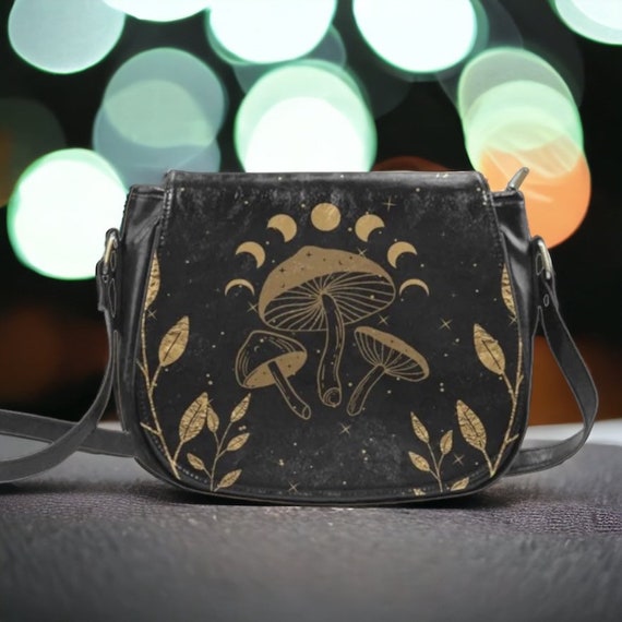 Cottagecore Mushroom witchy Black Vegan leather saddle bag, women mushroom moon phases purse PU leather hand bag goth bag, hippies boho gift