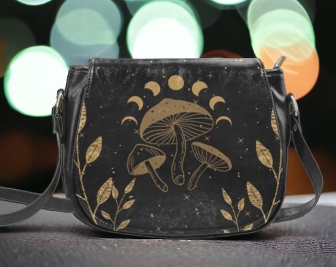 Cottagecore Mushroom witchy Black Vegan leather saddle bag, women mushroom moon phases purse PU leather hand bag goth bag, hippies boho gift